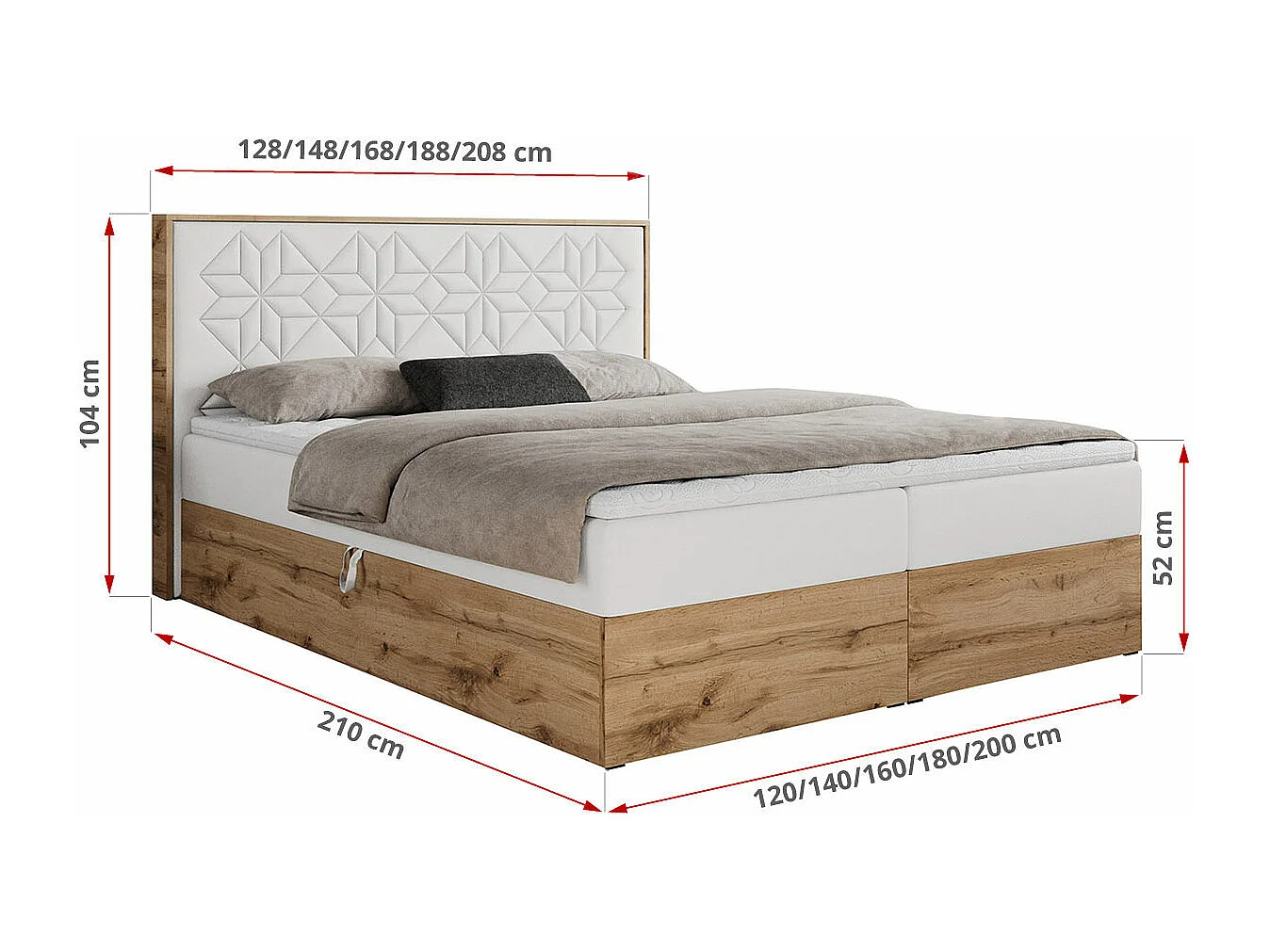 Boxspringbett NESSI - mit hoher Kopfstütze, Multipocket-Matratze und Topper, Doppelbett mit Bettkästen - 140x200 cm - H4 - Weiß Kunstleder