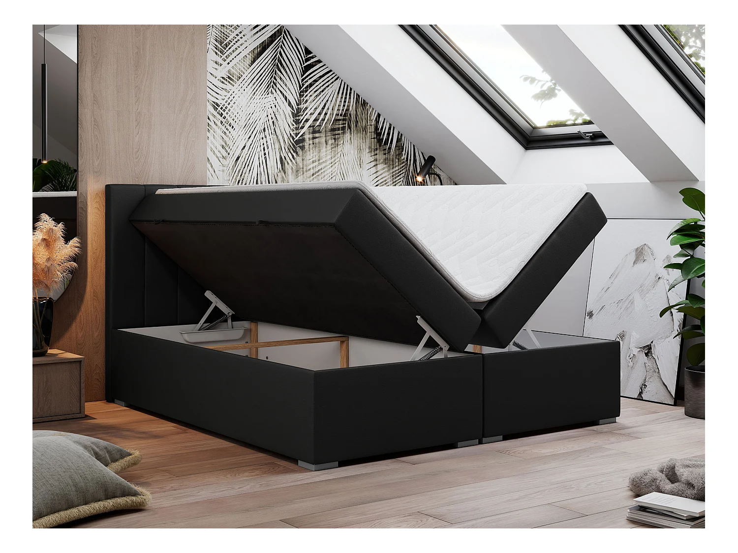 Boxspringbett LOPE - genähtes Kopfteil, Doppelbett mit Stauraum, Multipocket-Matratze, Topper - 180x200 cm - H4 - Schwarz Kunstleder