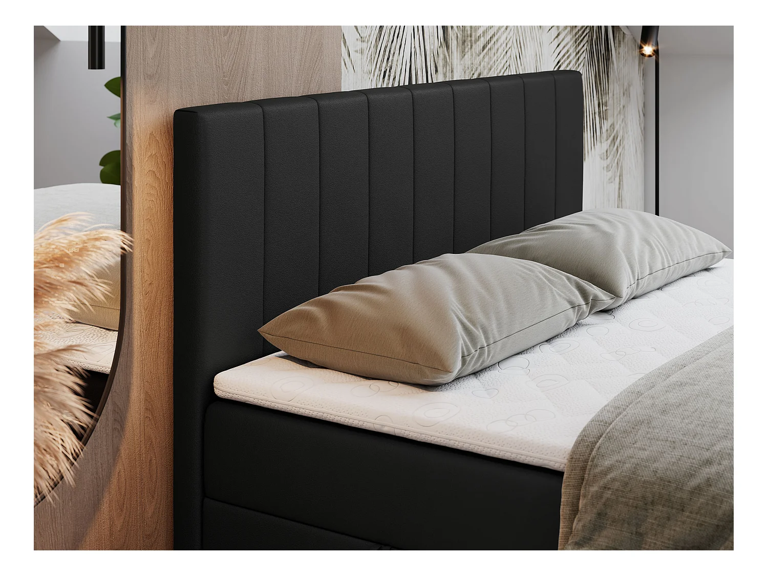 Boxspringbett LOPE - genähtes Kopfteil, Doppelbett mit Stauraum, Multipocket-Matratze, Topper - 180x200 cm - H4 - Schwarz Kunstleder
