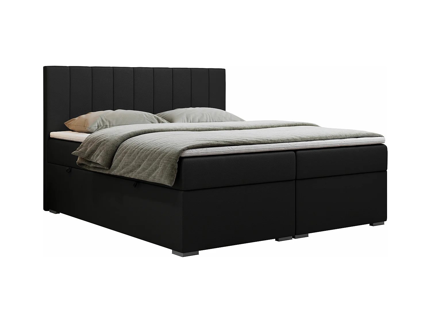 Boxspringbett LOPE - genähtes Kopfteil, Doppelbett mit Stauraum, Multipocket-Matratze, Topper - 180x200 cm - H4 - Schwarz Kunstleder
