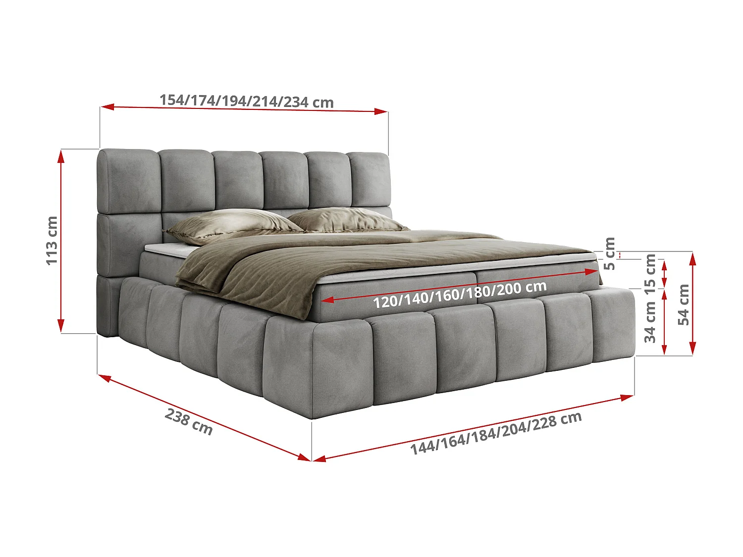 Boxspringbett NIRA - dekorativ kopfteil, Bettkästen und Multipocket-Matratze, Doppelbett für Schlafzimmer - 200x200 cm - H4 - Hellgrau Velvet