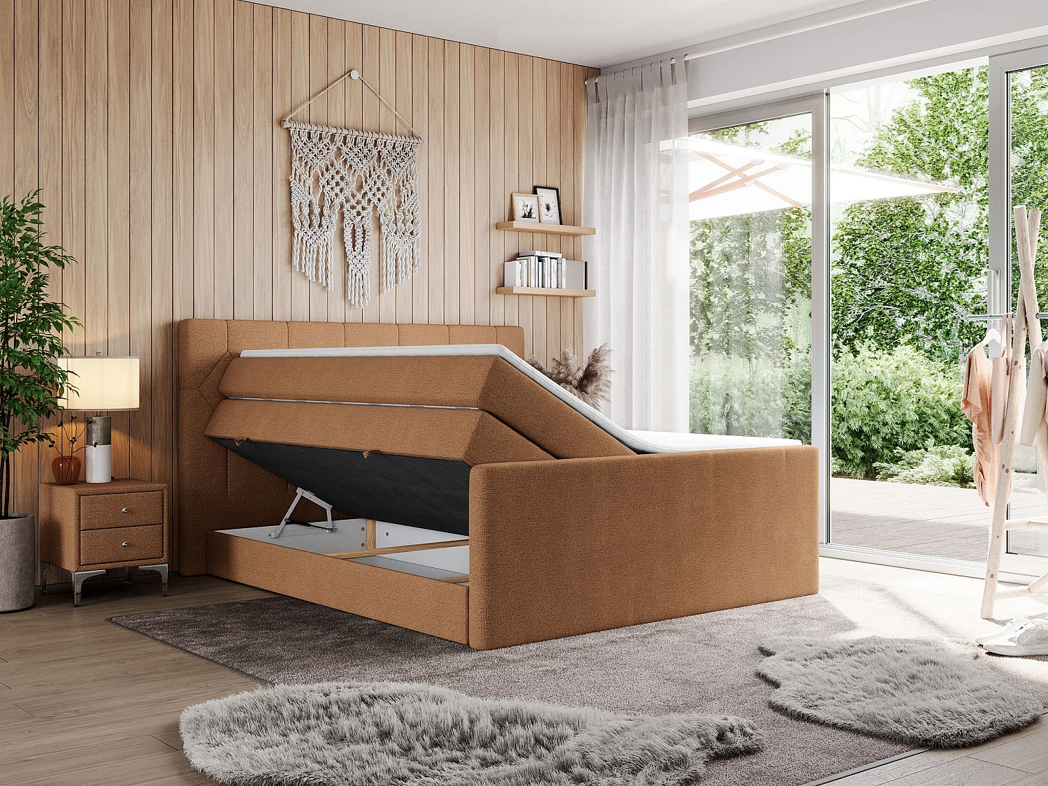 Boxspringbett EIGAR KING - Doppelbett mit genähtem Kopfteil, zwei Multipocket-Matratzen, Polsterbett für Schlafzimmer - 140x200 cm - H4 - Orange Strukture