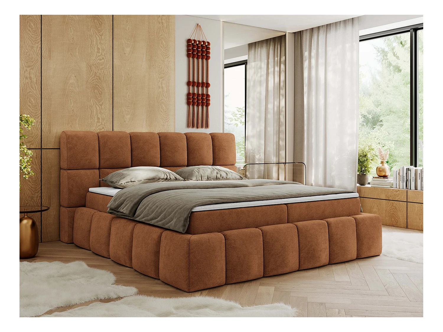 Boxspringbett NIRA - dekorativ kopfteil, Bettkästen und Multipocket-Matratze, Doppelbett für Schlafzimmer - 160x200 cm - H3 - Orange Strukture