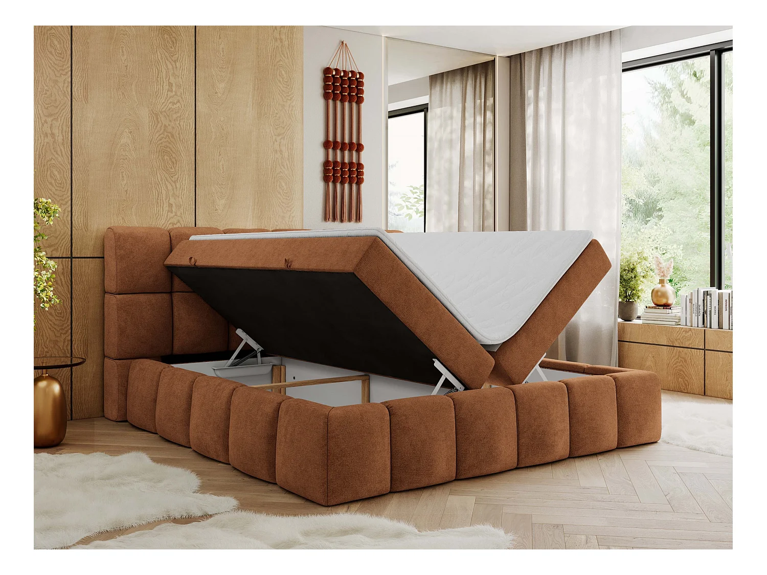 Boxspringbett NIRA - dekorativ kopfteil, Bettkästen und Multipocket-Matratze, Doppelbett für Schlafzimmer - 160x200 cm - H3 - Orange Strukture