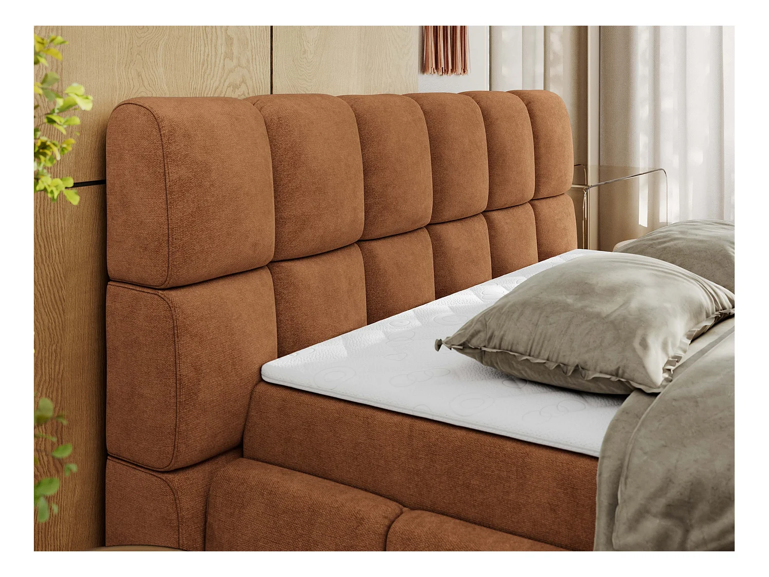 Boxspringbett NIRA - dekorativ kopfteil, Bettkästen und Multipocket-Matratze, Doppelbett für Schlafzimmer - 160x200 cm - H3 - Orange Strukture