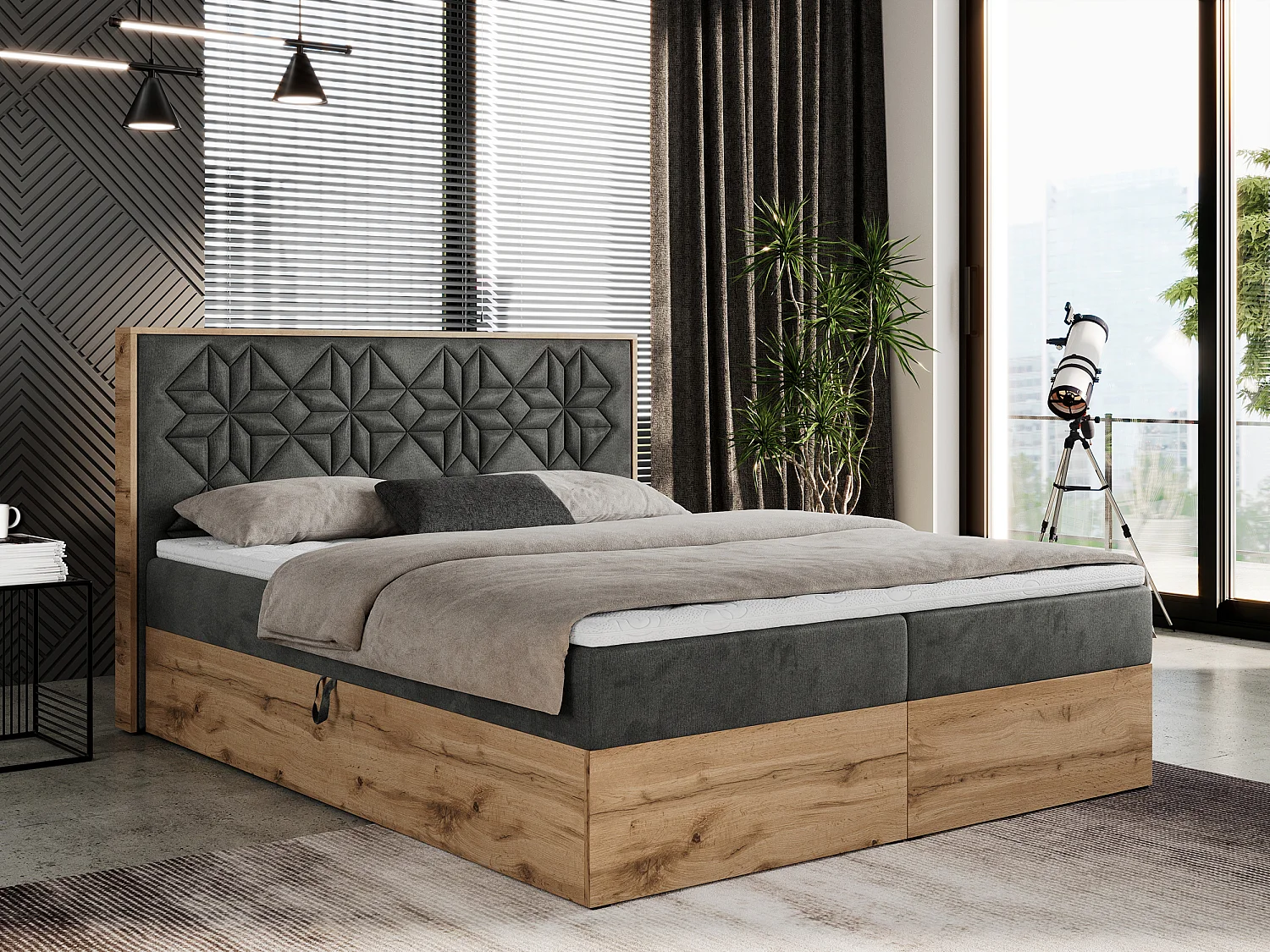 Boxspringbett NESSI - mit hoher Kopfstütze, Multipocket-Matratze und Topper, Doppelbett mit Bettkästen - 140x200 cm - H3 - Dunkelgrau Velvet