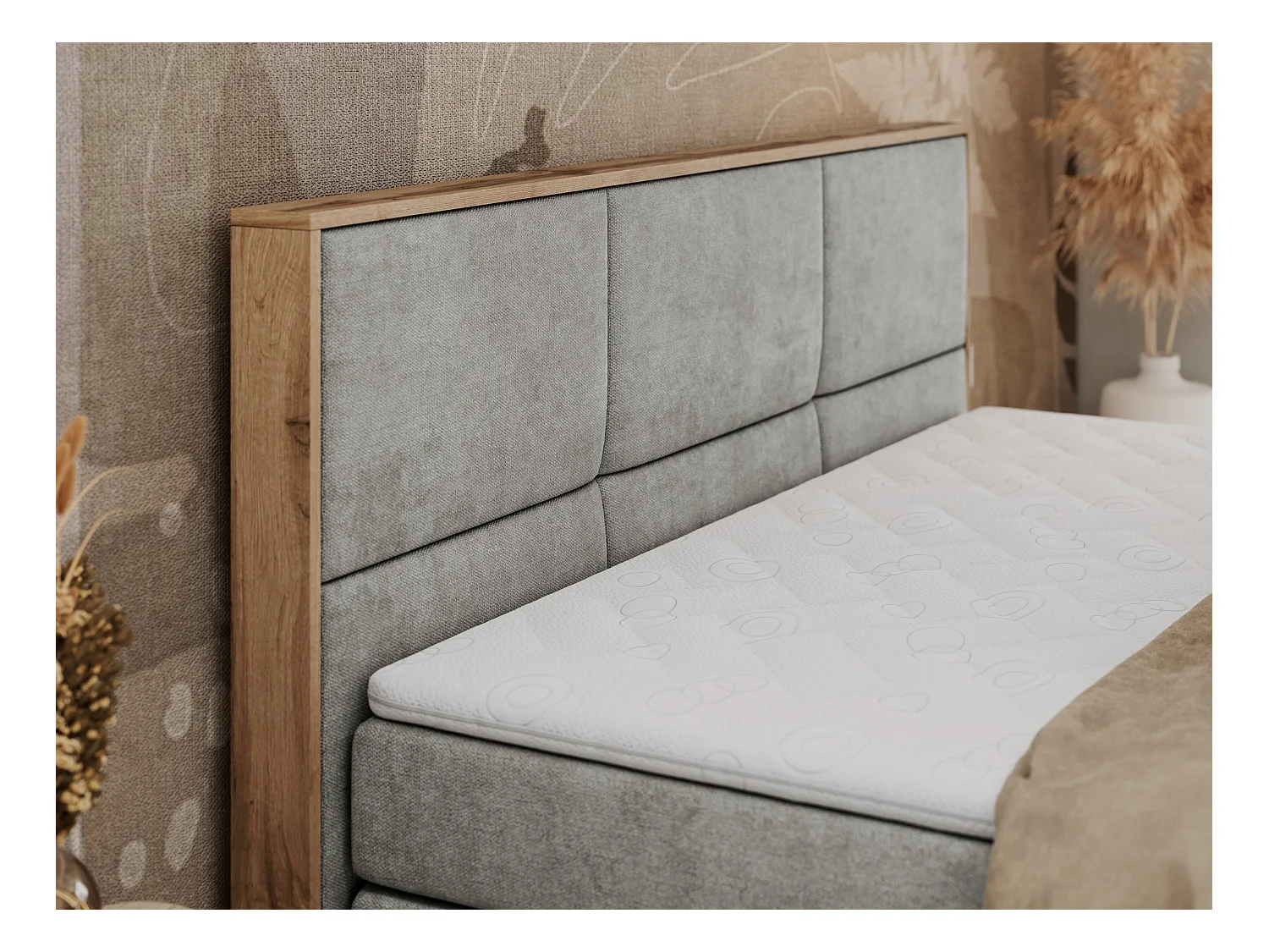 Boxspringbett ALBERO 2 KING DUO - Eiche Wotan Holzrahmen, zwei Multipocket-Matratzen, Bettkästen - 120x200 cm - H4 - Hellgrau Strukture