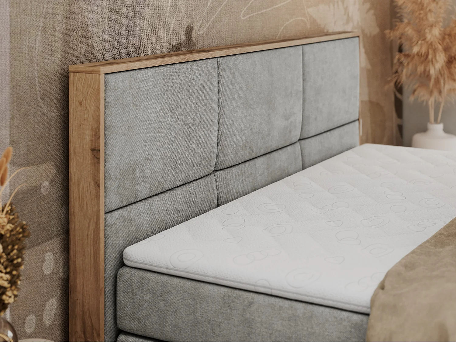 Boxspringbett ALBERO 2 KING DUO - Eiche Wotan Holzrahmen, zwei Multipocket-Matratzen, Bettkästen - 120x200 cm - H4 - Hellgrau Strukture