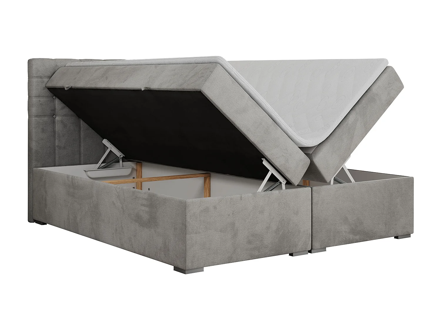 Boxspringbett SUSAN - mit gestepptem Kopfteil, zwei Bettkästen und Topper, gepolstertes Schlafzimmerbett - 160x200 cm - H4 - Hellgrau Velvet