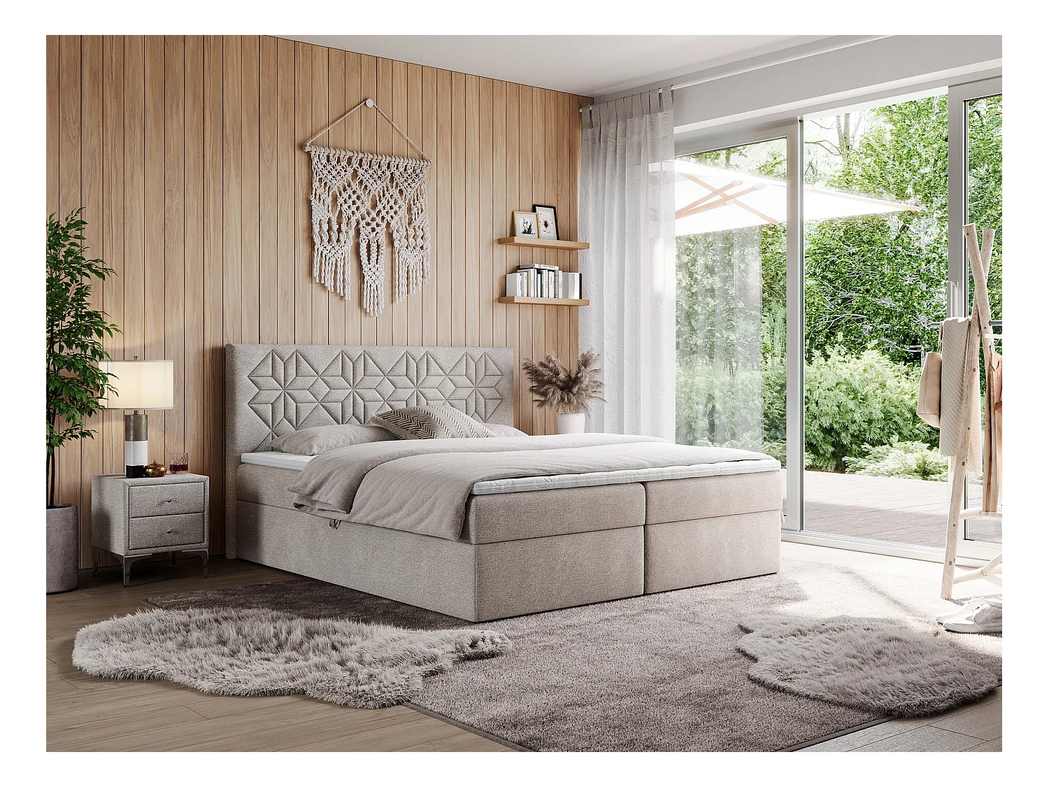 Boxspringbett LEILA - gestepptes Kopfteil,  7 Härtezonen Multipocket-Matratzen, Doppelbett mit Bettkästen - 200x200 cm - H4 - Beige Strukture