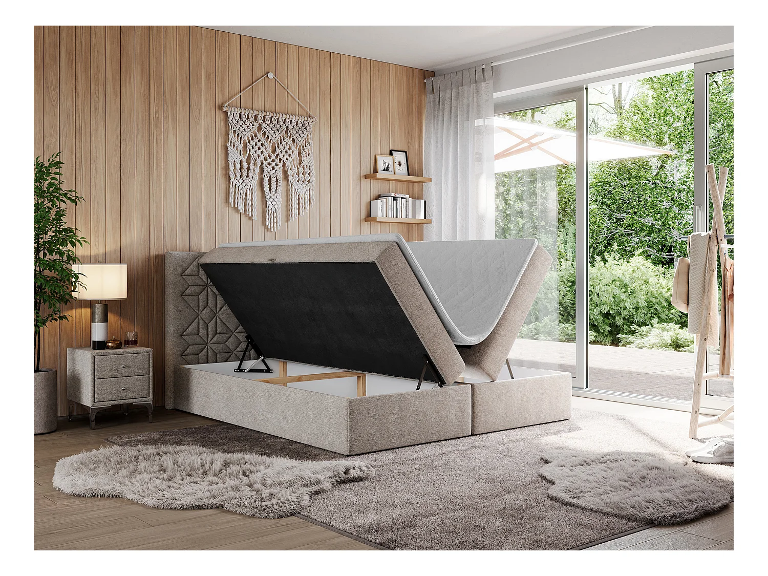 Boxspringbett LEILA - gestepptes Kopfteil,  7 Härtezonen Multipocket-Matratzen, Doppelbett mit Bettkästen - 200x200 cm - H4 - Beige Strukture