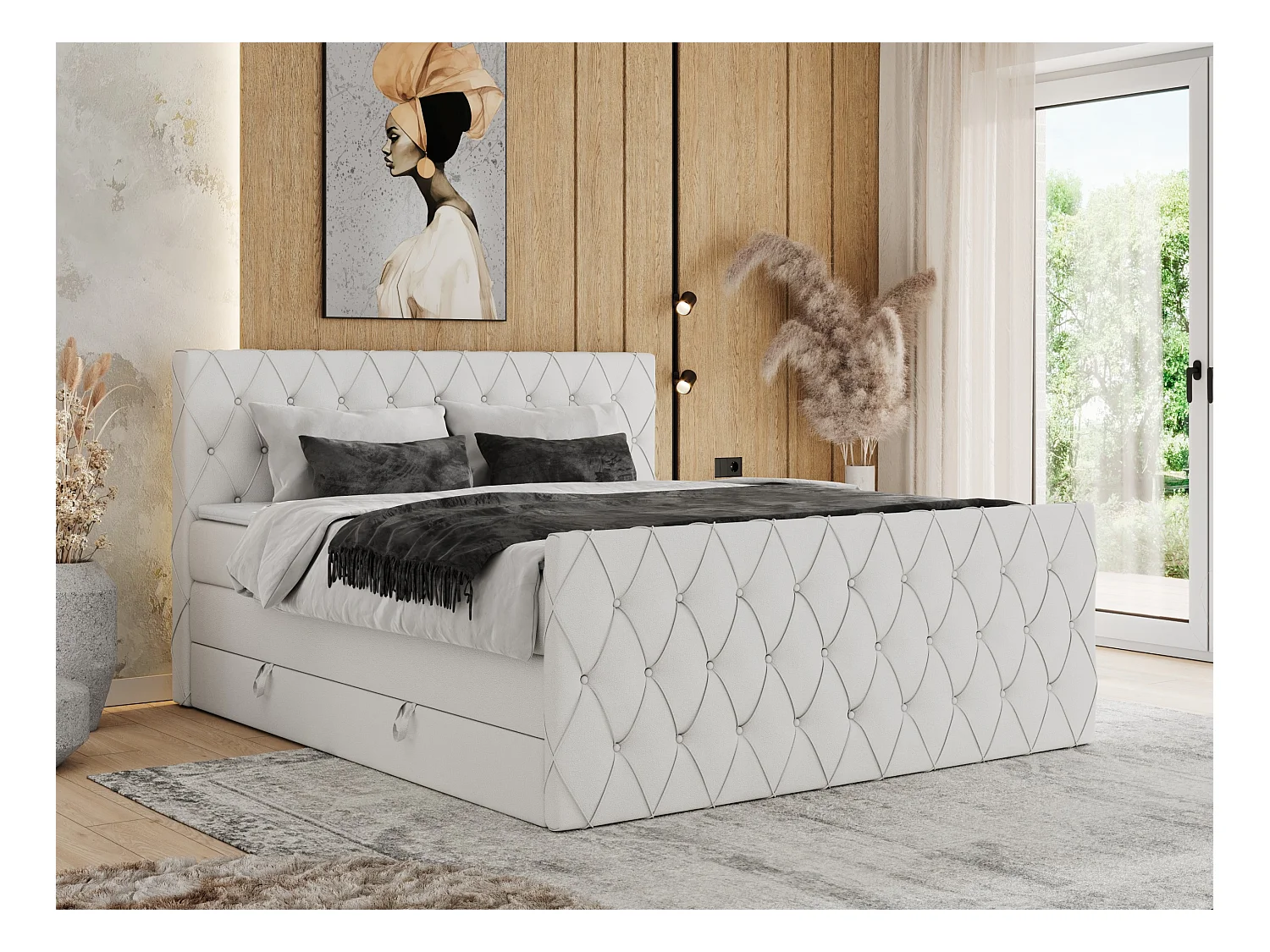 Boxspringbett MIREN KING DUO - für Schlafzimmer mit zwei Multipocket-Matratzen und Topper, gestepptes Kopfteil und Front  - 160x200 cm - H3 - Weiß Kunstleder