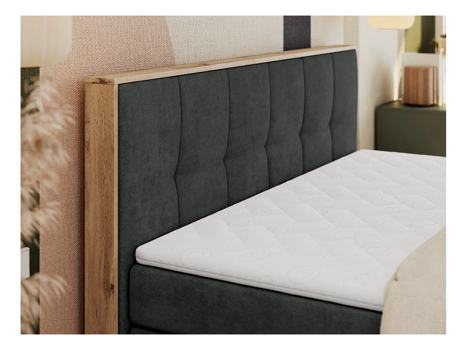 Boxspringbett ALBERO 1 KING - zwei 7 Härtezonen Multipocket-Matratzen, Doppelbett mit Stauraum, Eiche Wotan Holzrahmen - 160x200 cm - H3 - Dunkelgrau Strukture