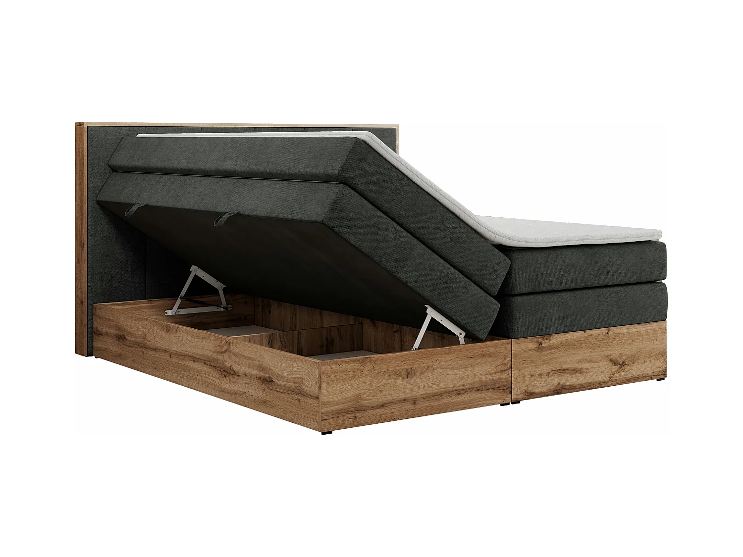 Boxspringbett ALBERO 1 KING - zwei 7 Härtezonen Multipocket-Matratzen, Doppelbett mit Stauraum, Eiche Wotan Holzrahmen - 160x200 cm - H3 - Dunkelgrau Strukture