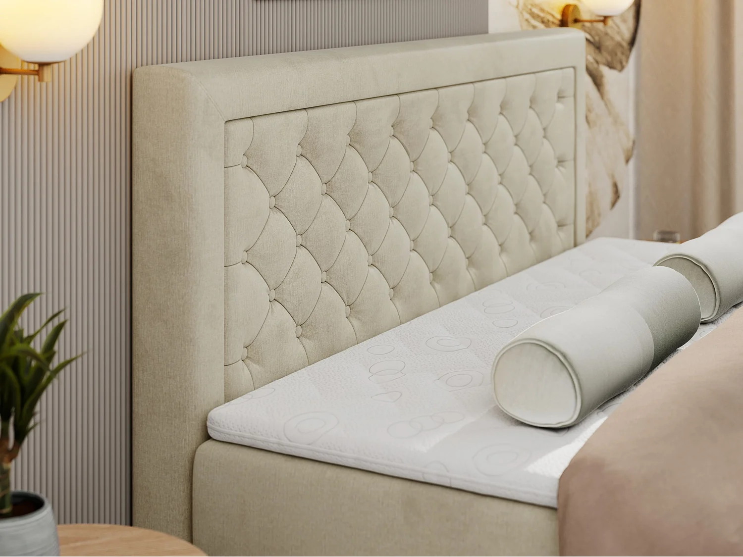 Boxspringbett JASIR - mit gestepptem Kopfteil, Doppelbett für Schlafzimmer, Multipocket-Matratze, Stauraum - 200x200 cm - H3 - Beige Velvet