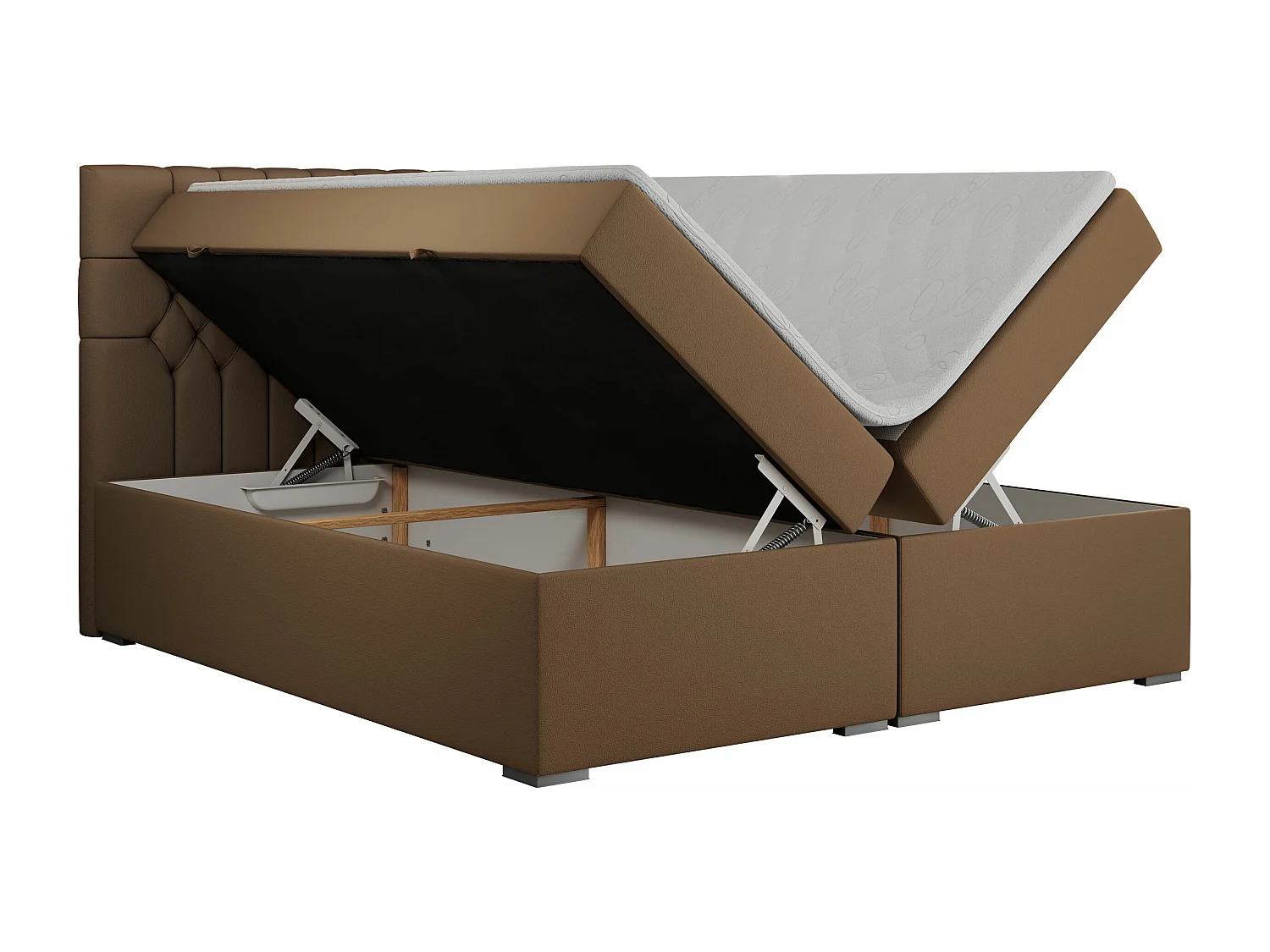 Boxspringbett PERA - gesteppte Kopfstütze, Multipocket-Matratze und Topper, Doppelbett mit Stauraum - 180x200 cm - H3 - Braun Kunstleder