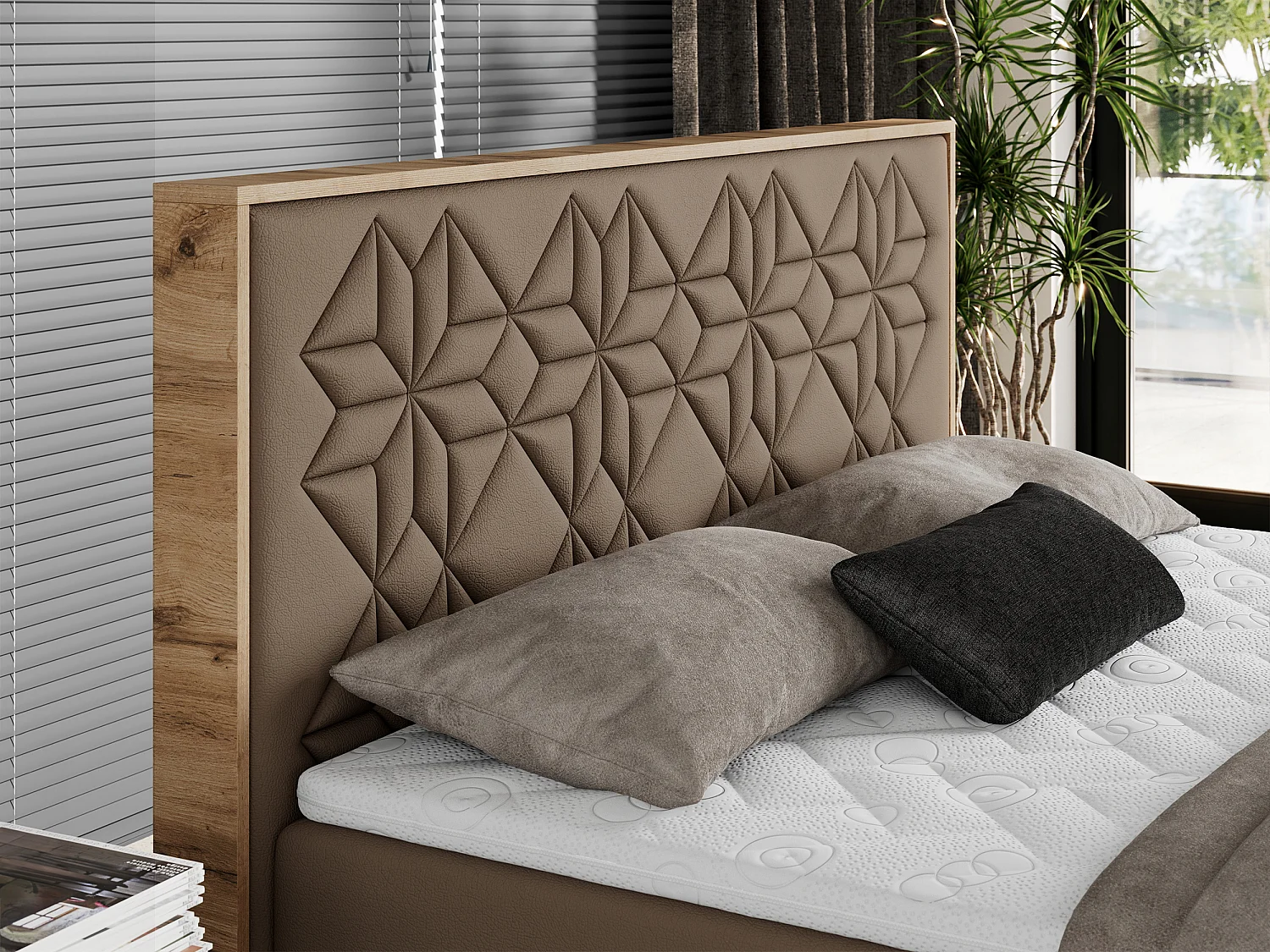 Boxspringbett NESSI - mit hoher Kopfstütze, Multipocket-Matratze und Topper, Doppelbett mit Bettkästen - 120x200 cm - H4 - Braun Kunstleder