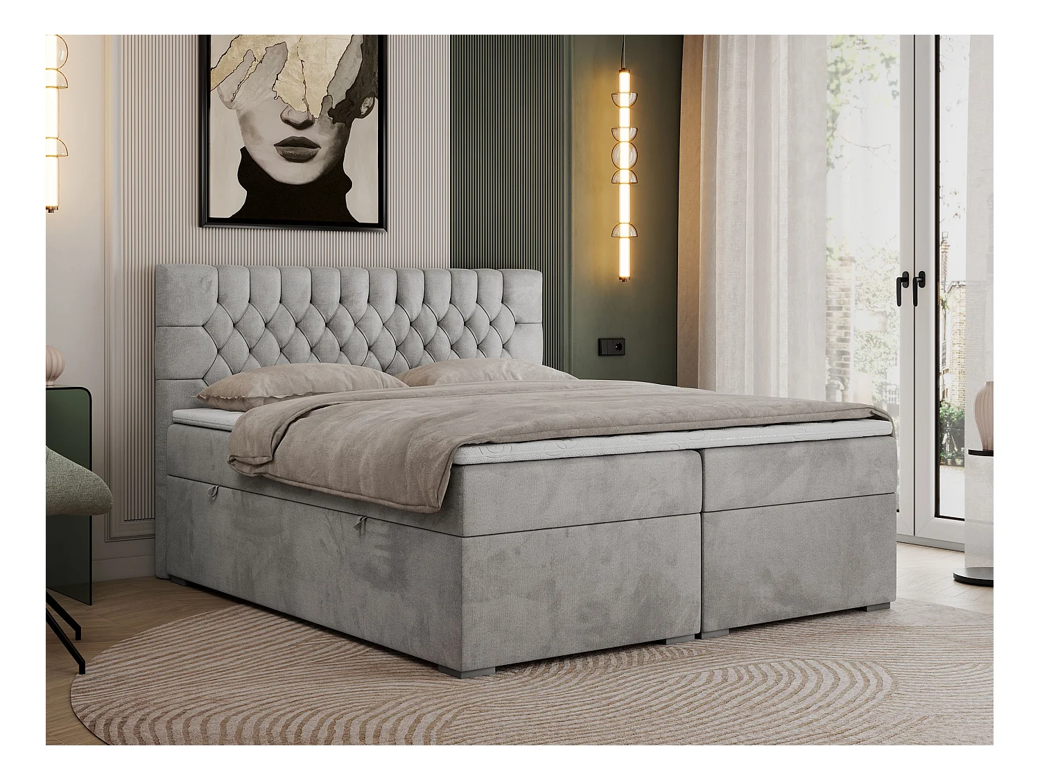 Boxspringbett PERA - gesteppte Kopfstütze, Multipocket-Matratze und Topper, Doppelbett mit Stauraum - 200x200 cm - H3 - Hellgrau Velvet