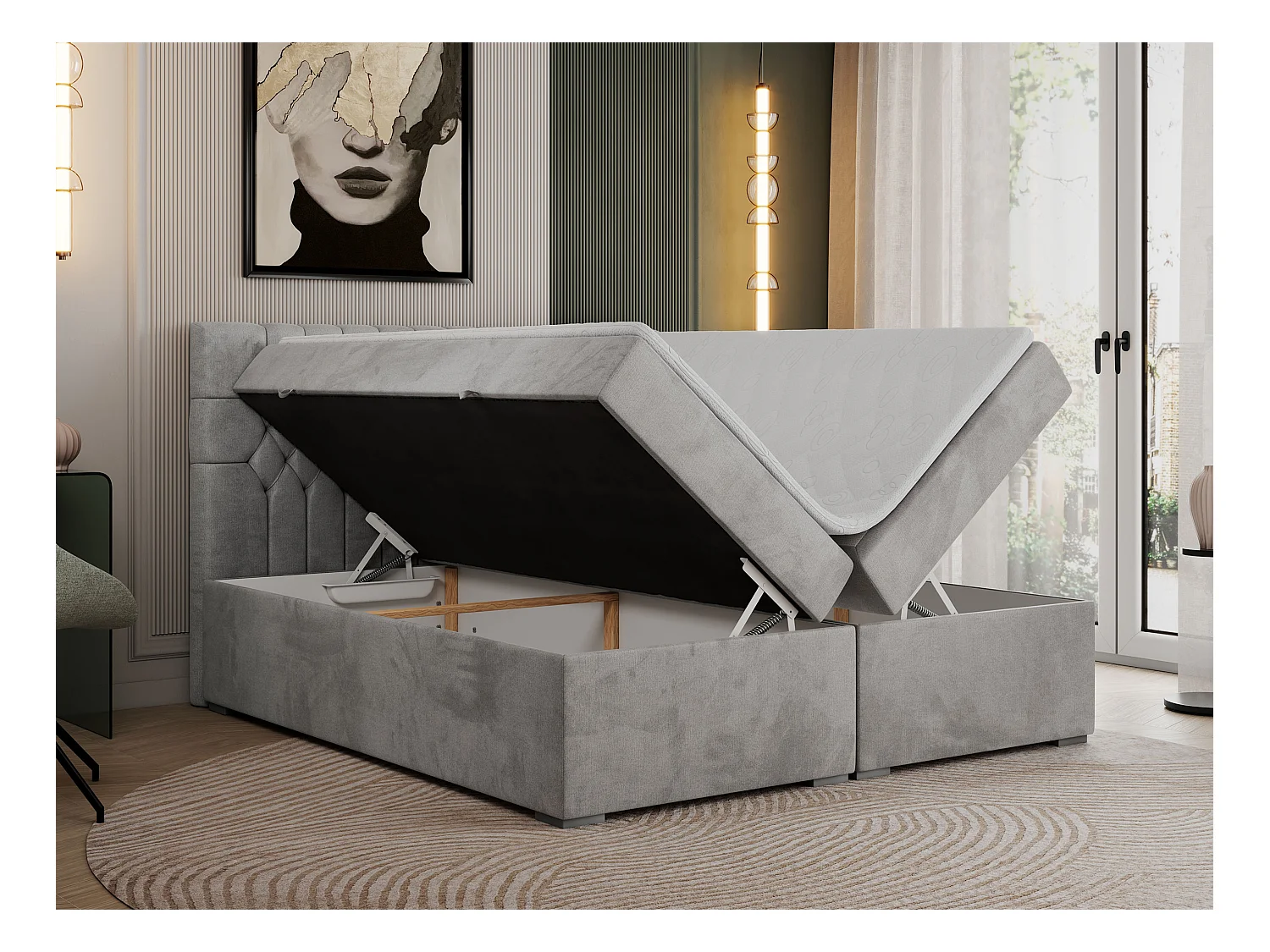 Boxspringbett PERA - gesteppte Kopfstütze, Multipocket-Matratze und Topper, Doppelbett mit Stauraum - 200x200 cm - H3 - Hellgrau Velvet