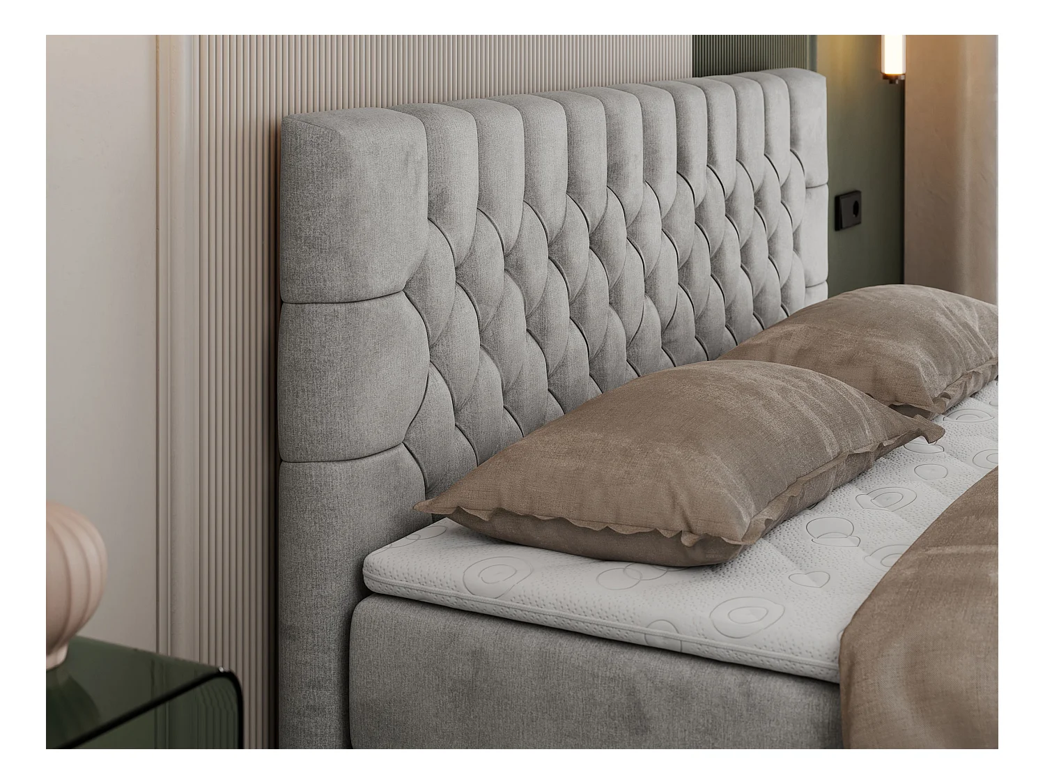 Boxspringbett PERA - gesteppte Kopfstütze, Multipocket-Matratze und Topper, Doppelbett mit Stauraum - 200x200 cm - H3 - Hellgrau Velvet