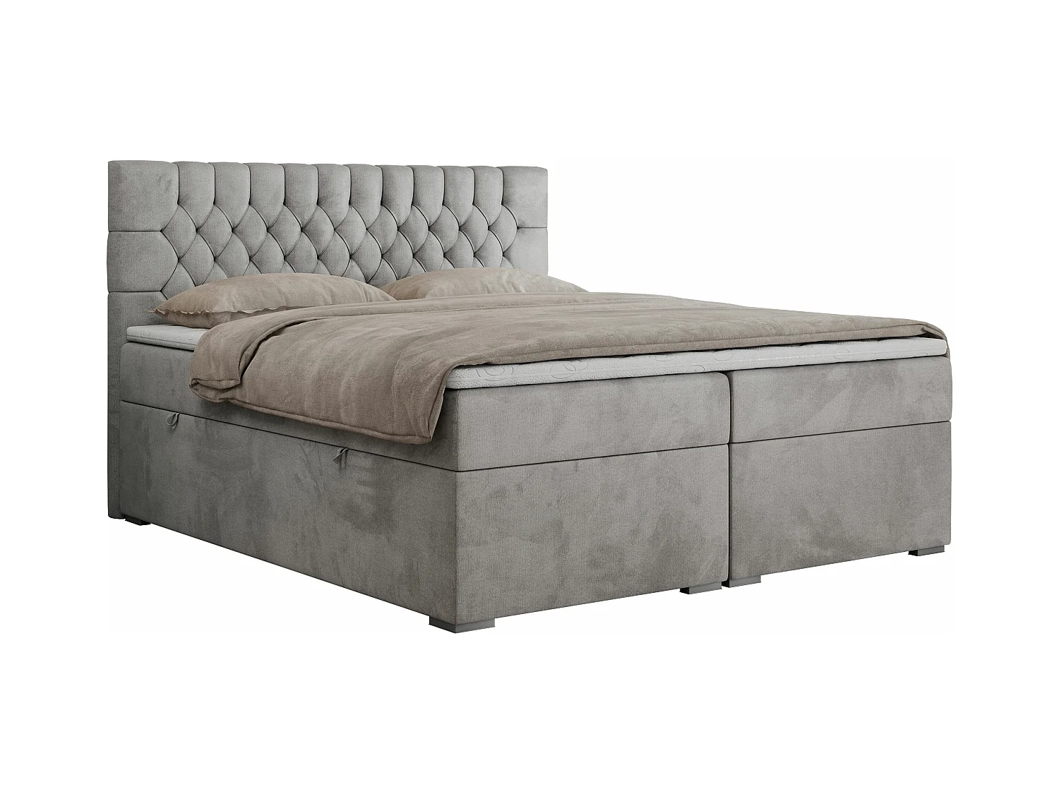 Boxspringbett PERA - gesteppte Kopfstütze, Multipocket-Matratze und Topper, Doppelbett mit Stauraum - 200x200 cm - H3 - Hellgrau Velvet