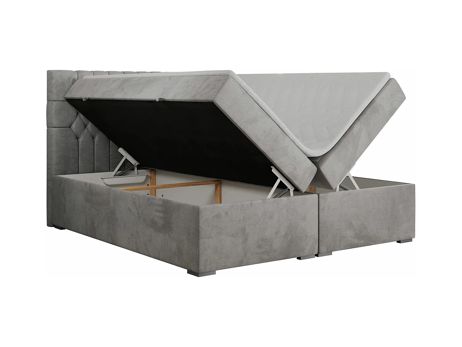 Boxspringbett PERA - gesteppte Kopfstütze, Multipocket-Matratze und Topper, Doppelbett mit Stauraum - 200x200 cm - H3 - Hellgrau Velvet