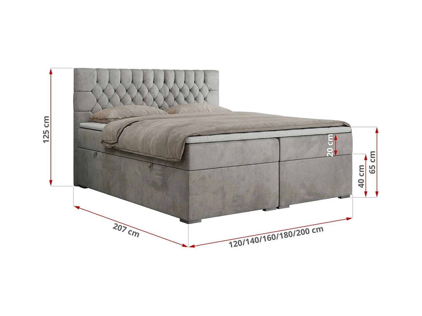 Boxspringbett PERA - gesteppte Kopfstütze, Multipocket-Matratze und Topper, Doppelbett mit Stauraum - 200x200 cm - H3 - Hellgrau Velvet