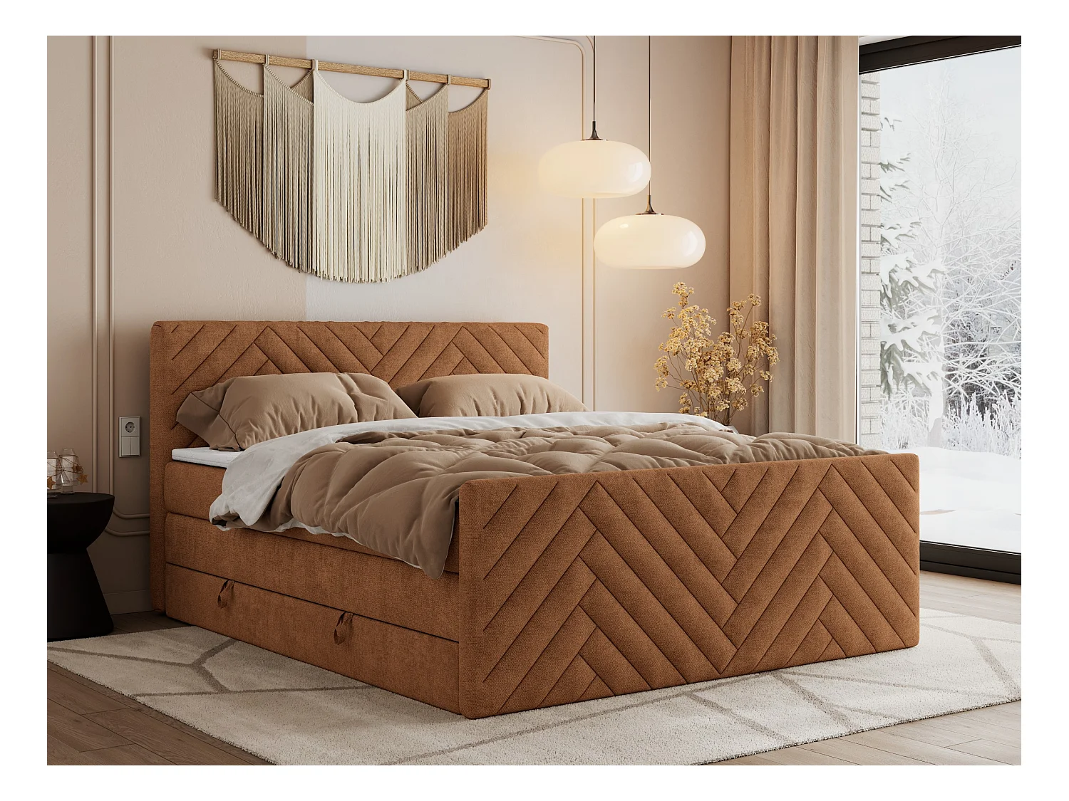 Boxspringbett PARIS KING DUO - dekorative Kopfstütze und Front, zwei Multipocket-Matratze mit Topper - 140x200 cm - H3 - Orange Strukture