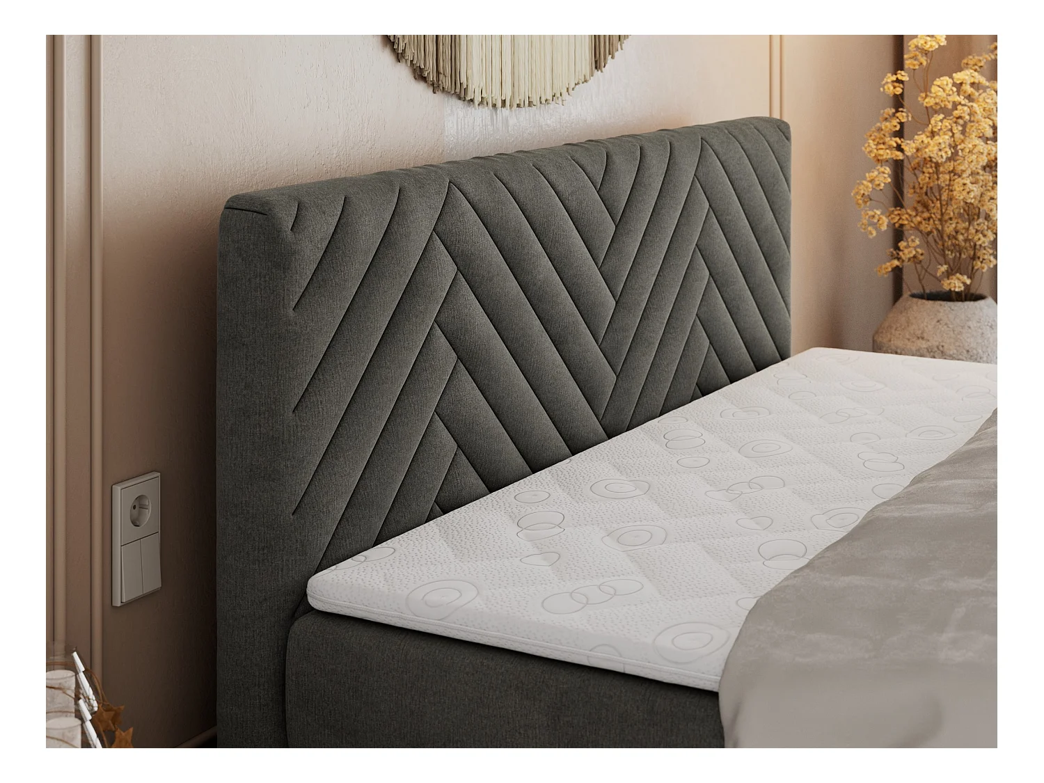 Boxspringbett PARIS KING DUO - dekorative Kopfstütze und Front, zwei Multipocket-Matratze mit Topper - 120x200 cm - H4 - Dunkelgrau Velvet