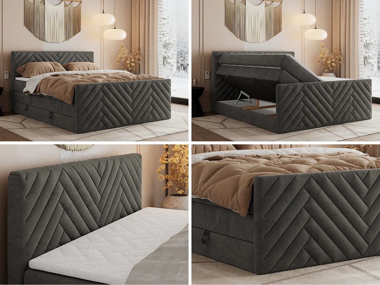 Boxspringbett PARIS KING DUO - dekorative Kopfstütze und Front, zwei Multipocket-Matratze mit Topper - 120x200 cm - H4 - Dunkelgrau Velvet