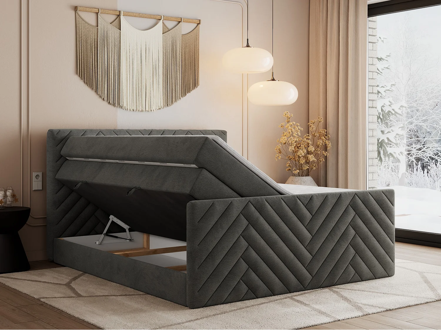 Boxspringbett PARIS KING DUO - dekorative Kopfstütze und Front, zwei Multipocket-Matratze mit Topper - 120x200 cm - H4 - Dunkelgrau Velvet