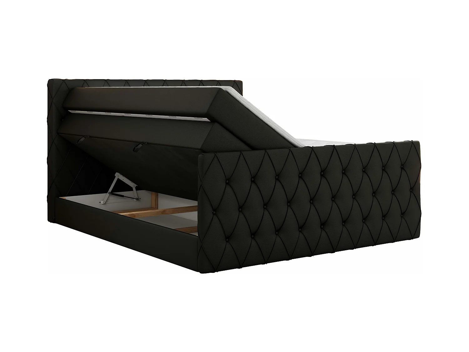 Boxspringbett MIREN KING DUO - für Schlafzimmer mit zwei Multipocket-Matratzen und Topper, gestepptes Kopfteil und Front  - 140x200 cm - H3 - Schwarz Kunstleder