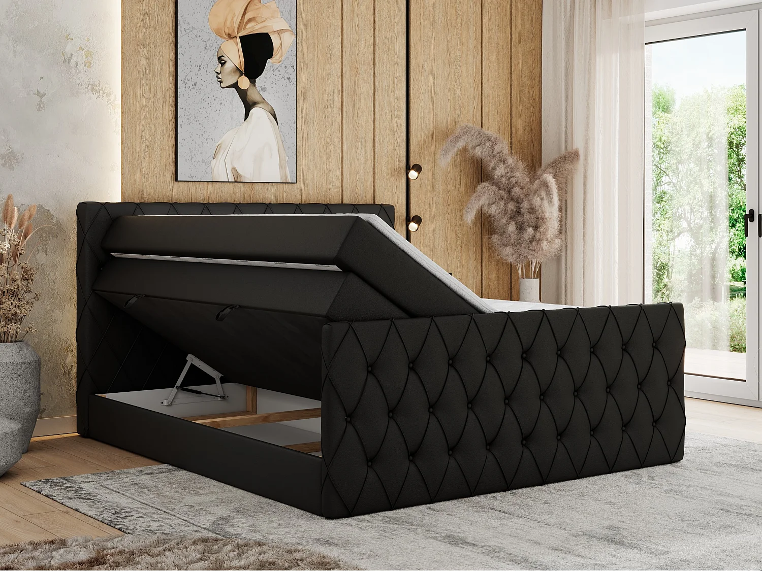 Boxspringbett MIREN KING DUO - für Schlafzimmer mit zwei Multipocket-Matratzen und Topper, gestepptes Kopfteil und Front  - 140x200 cm - H3 - Schwarz Kunstleder