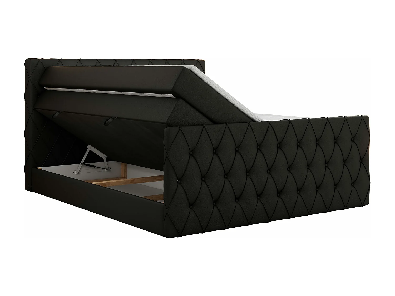 Boxspringbett MIREN KING DUO - für Schlafzimmer mit zwei Multipocket-Matratzen und Topper, gestepptes Kopfteil und Front  - 140x200 cm - H3 - Schwarz Kunstleder