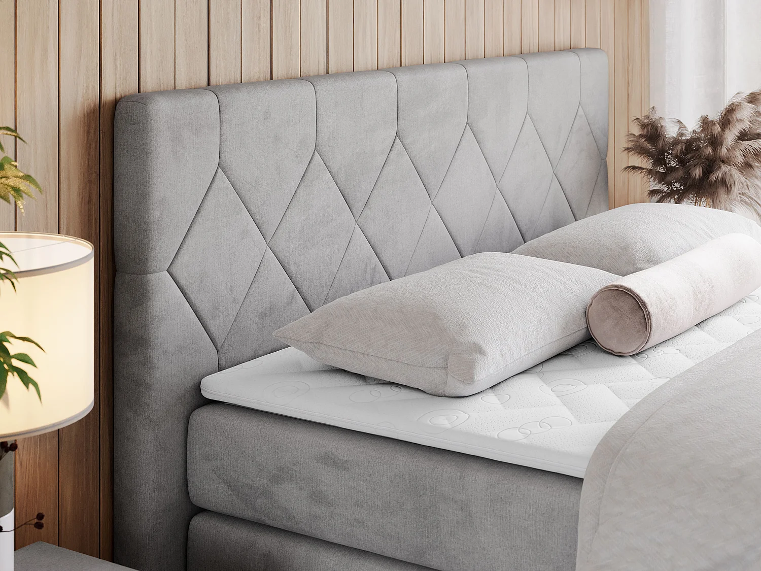 Boxspringbett EIGAR KING - Doppelbett mit genähtem Kopfteil, zwei Multipocket-Matratzen, Polsterbett für Schlafzimmer - 180x200 cm - H4 - Hellgrau Velvet