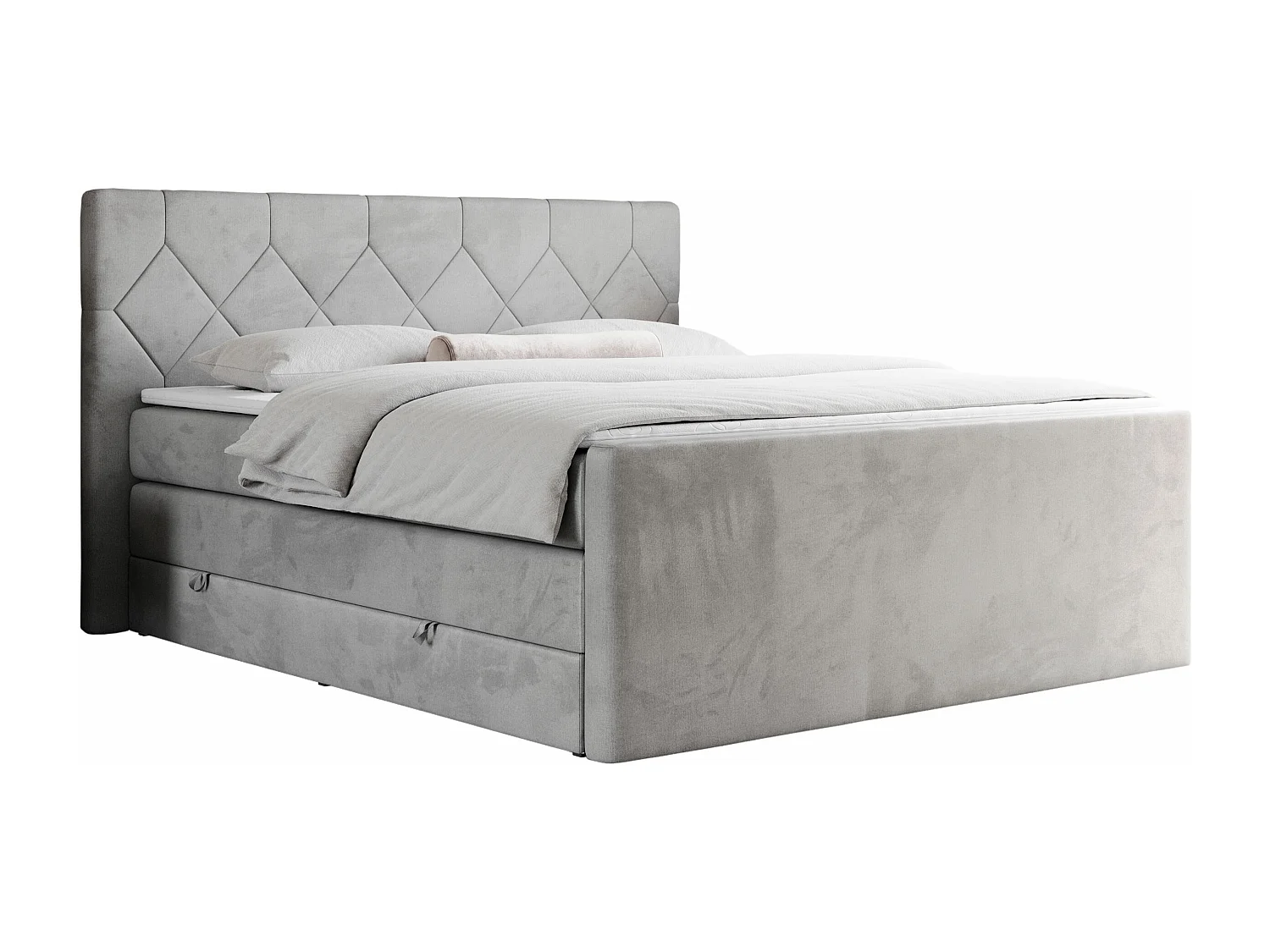 Boxspringbett EIGAR KING - Doppelbett mit genähtem Kopfteil, zwei Multipocket-Matratzen, Polsterbett für Schlafzimmer - 180x200 cm - H4 - Hellgrau Velvet