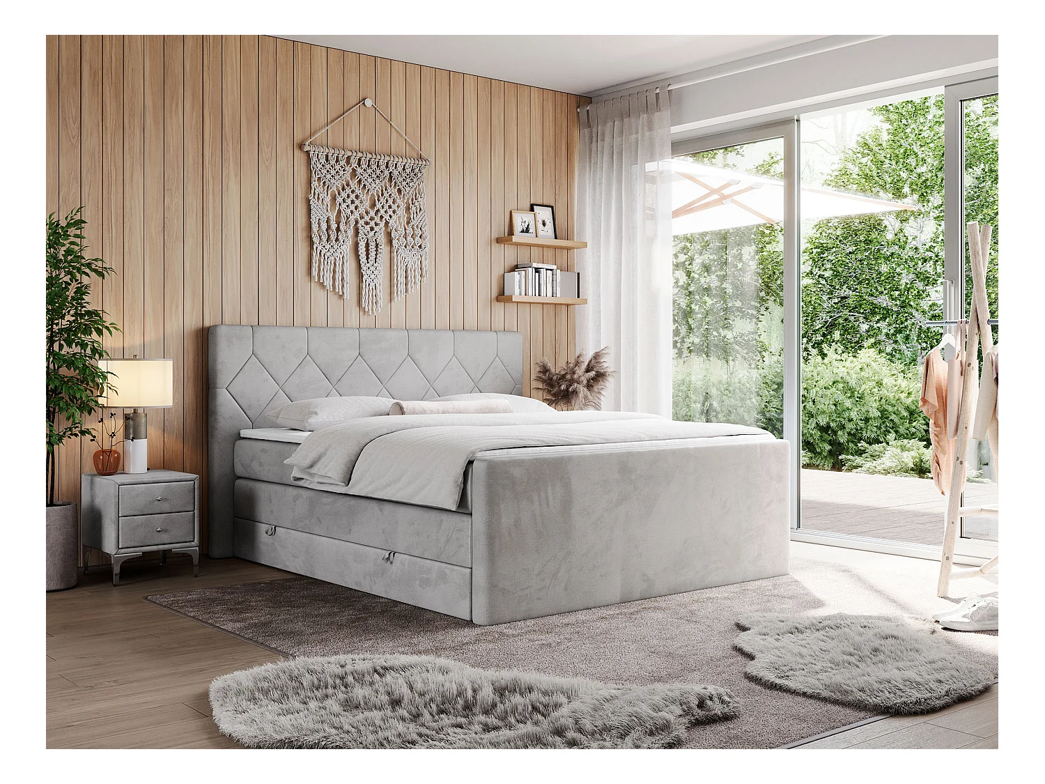 Boxspringbett EIGAR KING - Doppelbett mit genähtem Kopfteil, zwei Multipocket-Matratzen, Polsterbett für Schlafzimmer - 180x200 cm - H4 - Hellgrau Velvet