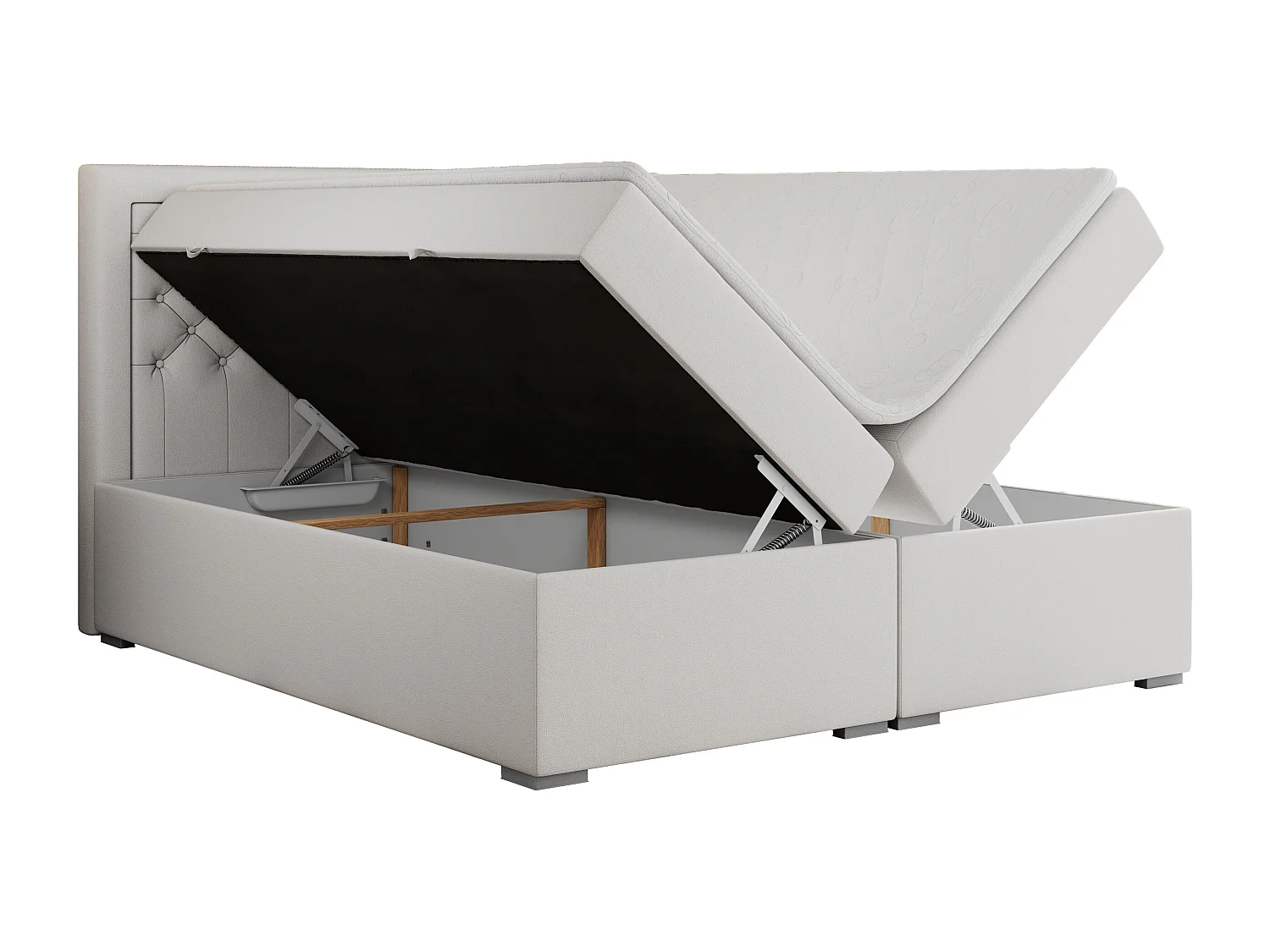 Boxspringbett JASIR - mit gestepptem Kopfteil, Doppelbett für Schlafzimmer, Multipocket-Matratze, Stauraum - 120x200 cm - H4 - Weiß Kunstleder