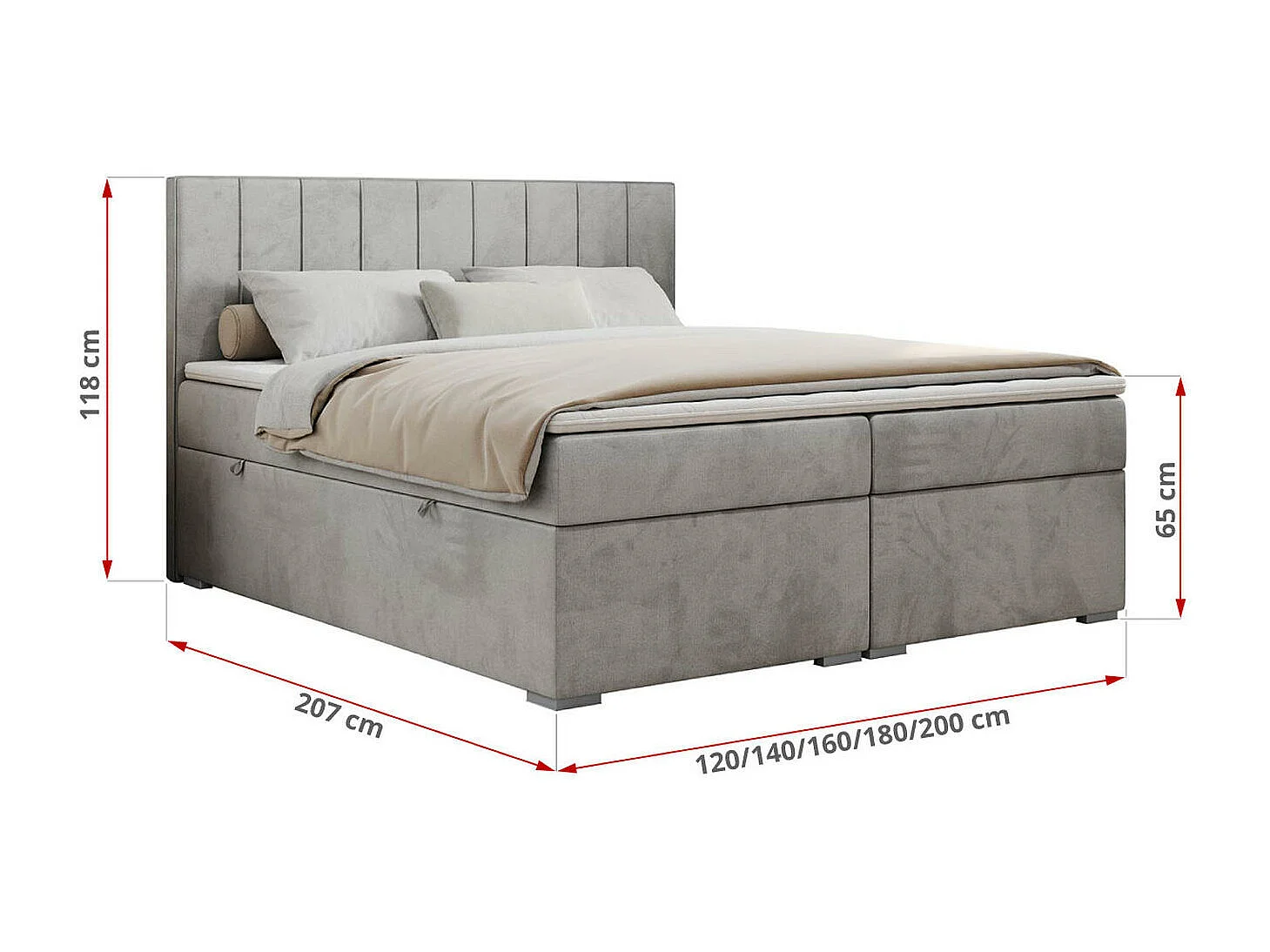 Boxspringbett ALLY - gestreiftes, genähtes Kopfteil, zwei Bettkästen, Multipocket-Matratzen, Praktisch Polsterbett - 200x200 cm - H4 - Hellgrau Velvet