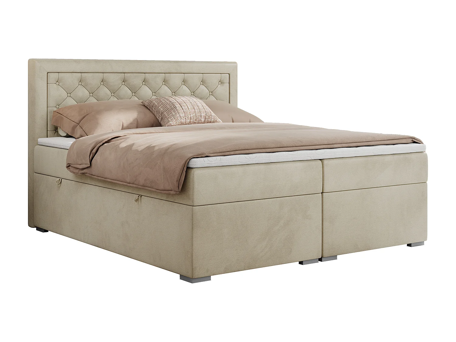 Boxspringbett JASIR - mit gestepptem Kopfteil, Doppelbett für Schlafzimmer, Multipocket-Matratze, Stauraum - 180x200 cm - H4 - Beige Velvet