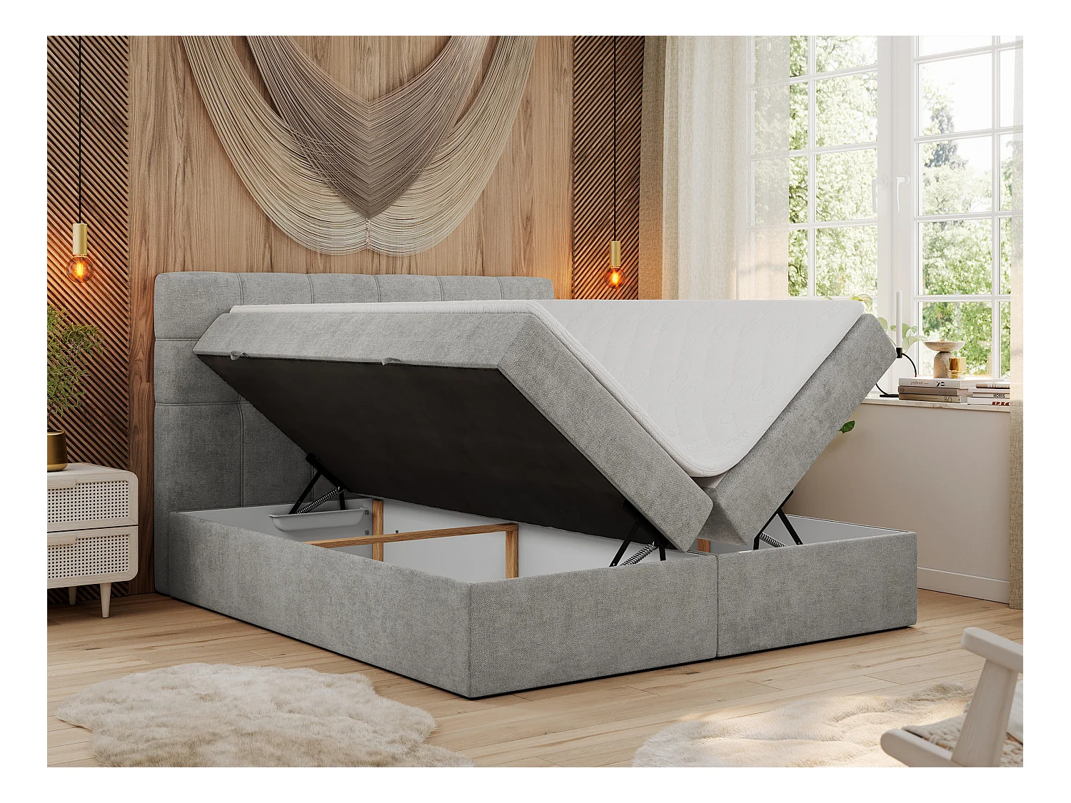 Boxspringbett ERNI - mit gestepptem Kopfteil, Polsterbett, Multipocket-Matratze und Topper, Bettkästen - 140x200 cm - H3 - Hellgrau Stukture
