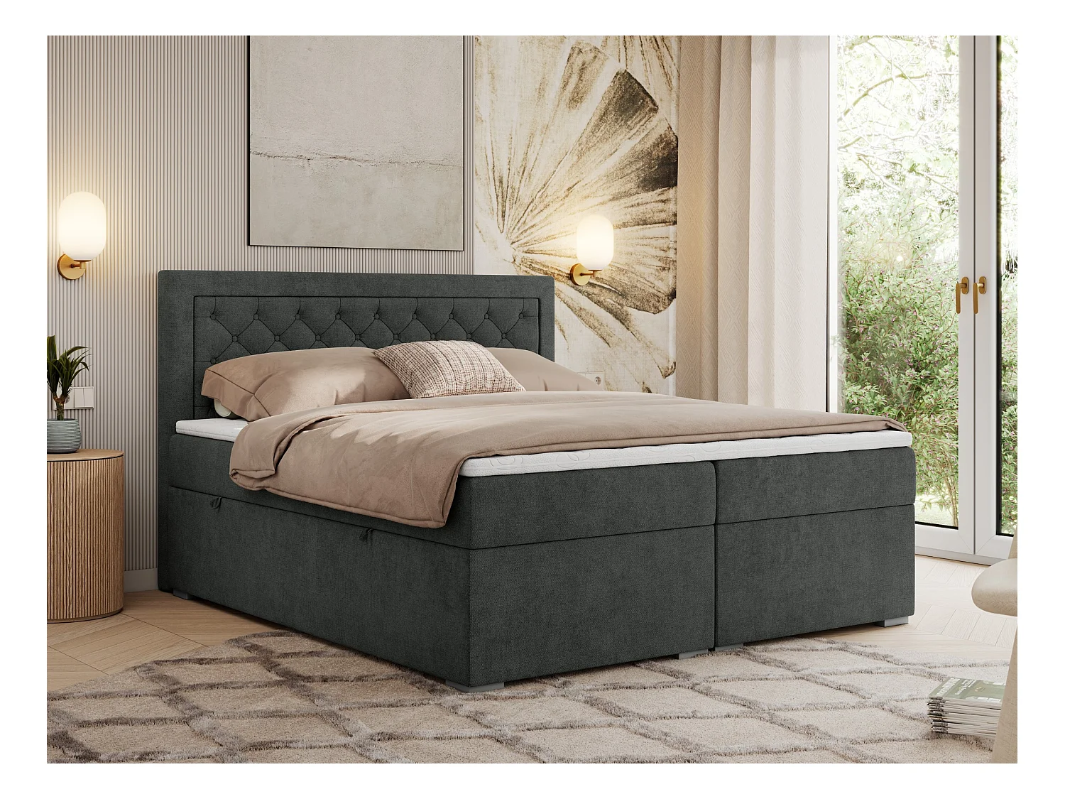 Boxspringbett JASIR - mit gestepptem Kopfteil, Doppelbett für Schlafzimmer, Multipocket-Matratze, Stauraum - 200x200 cm - H3 - Dunkelgrau Strukture