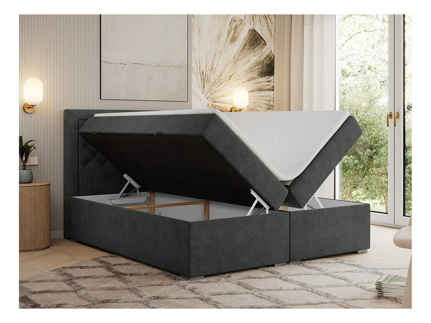 Boxspringbett JASIR - mit gestepptem Kopfteil, Doppelbett für Schlafzimmer, Multipocket-Matratze, Stauraum - 200x200 cm - H3 - Dunkelgrau Strukture