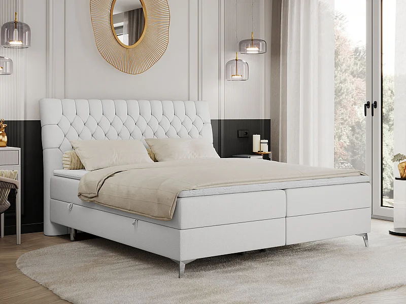 Boxspringbett MILEN - gepolstertes Schlafzimmerbett, zwei Multipocket-Matratze, dekorative hohe Beine - 140x200 cm - H3 - Weiß Kunstleder