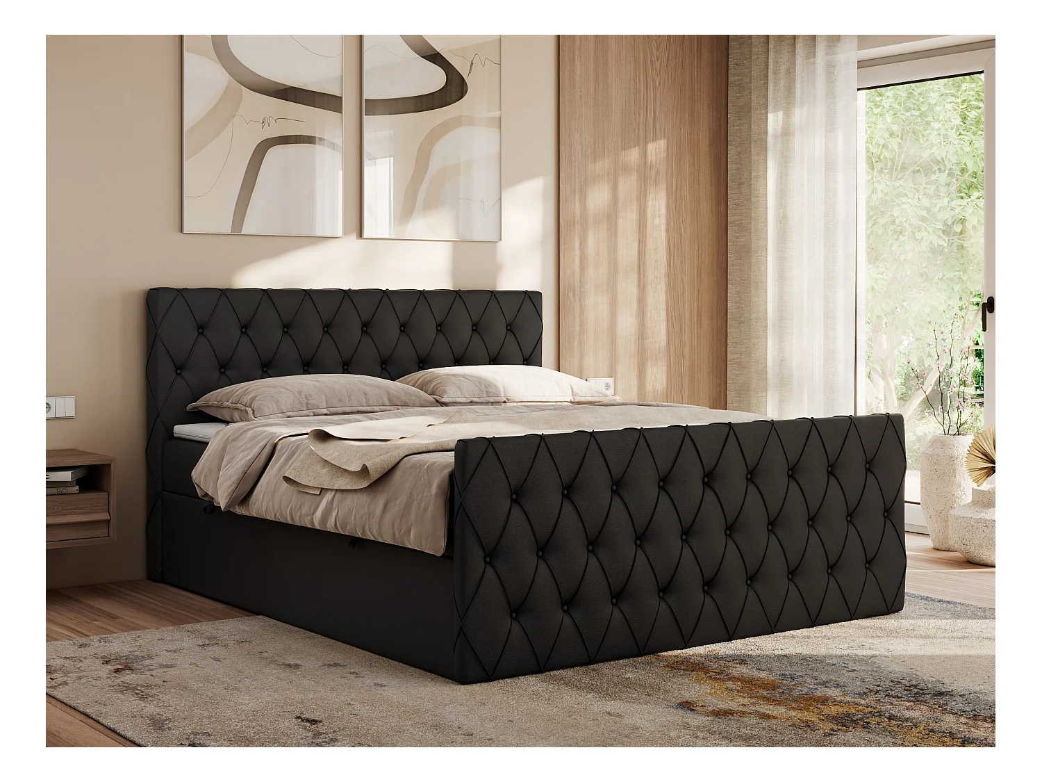 Boxspringbett MIREN DUO - mit gestepptem Kopfteil und Front, Multipocket-Matratze, zwei Bettkästen - 200x200 cm - H3 - Schwarz Kunstleder