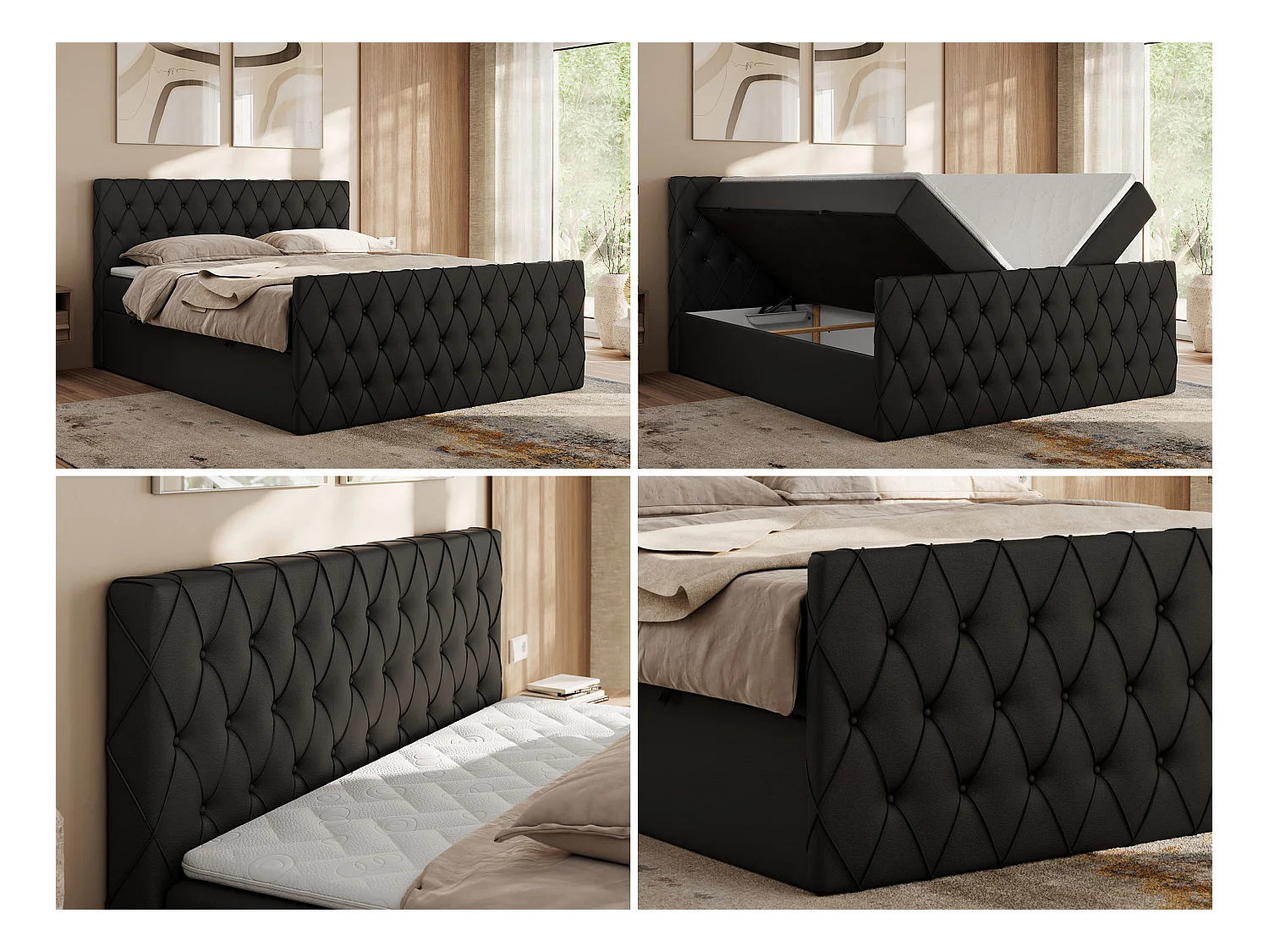 Boxspringbett MIREN DUO - mit gestepptem Kopfteil und Front, Multipocket-Matratze, zwei Bettkästen - 200x200 cm - H3 - Schwarz Kunstleder
