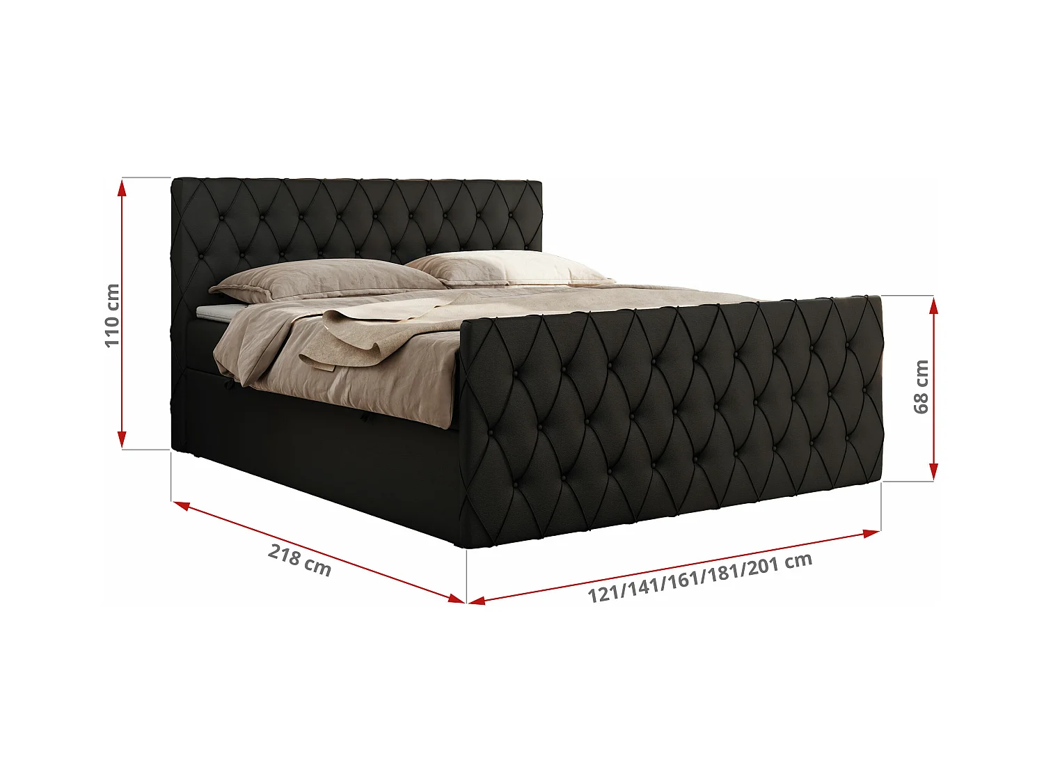 Boxspringbett MIREN DUO - mit gestepptem Kopfteil und Front, Multipocket-Matratze, zwei Bettkästen - 200x200 cm - H3 - Schwarz Kunstleder