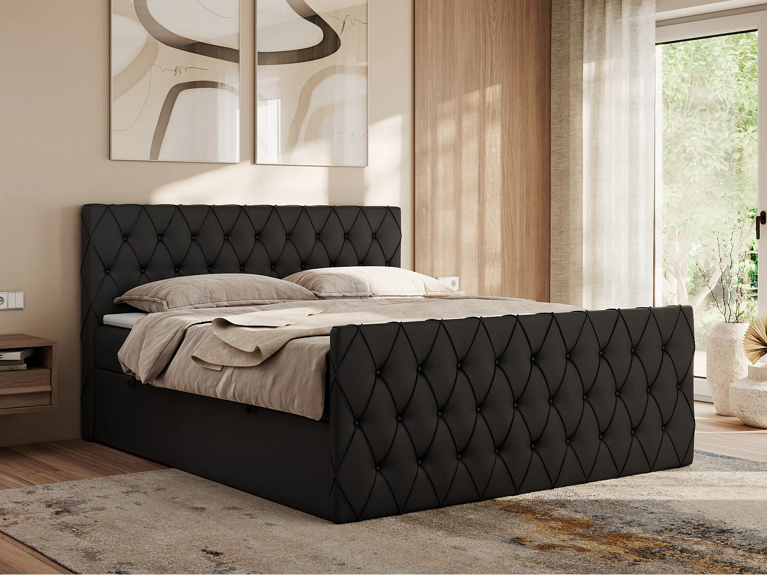 Boxspringbett MIREN DUO - mit gestepptem Kopfteil und Front, Multipocket-Matratze, zwei Bettkästen - 200x200 cm - H3 - Schwarz Kunstleder