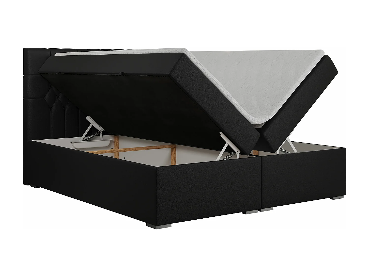 Boxspringbett PERA - gesteppte Kopfstütze, Multipocket-Matratze und Topper, Doppelbett mit Stauraum - 200x200 cm - H4 - Schwarz Kunstleder