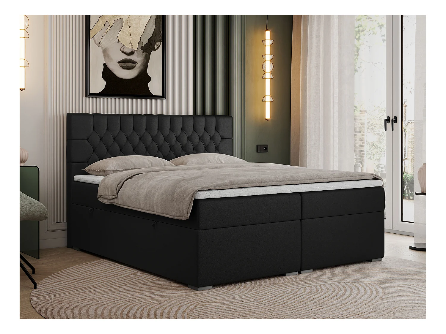 Boxspringbett PERA - gesteppte Kopfstütze, Multipocket-Matratze und Topper, Doppelbett mit Stauraum - 200x200 cm - H4 - Schwarz Kunstleder